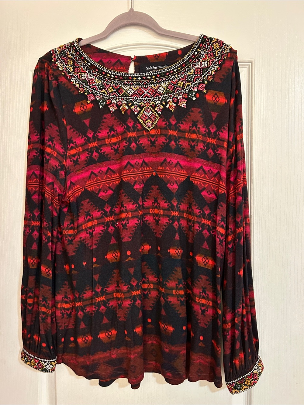 Soft Surroundings Beaded Aztec Print Top - Red, Black, Pink